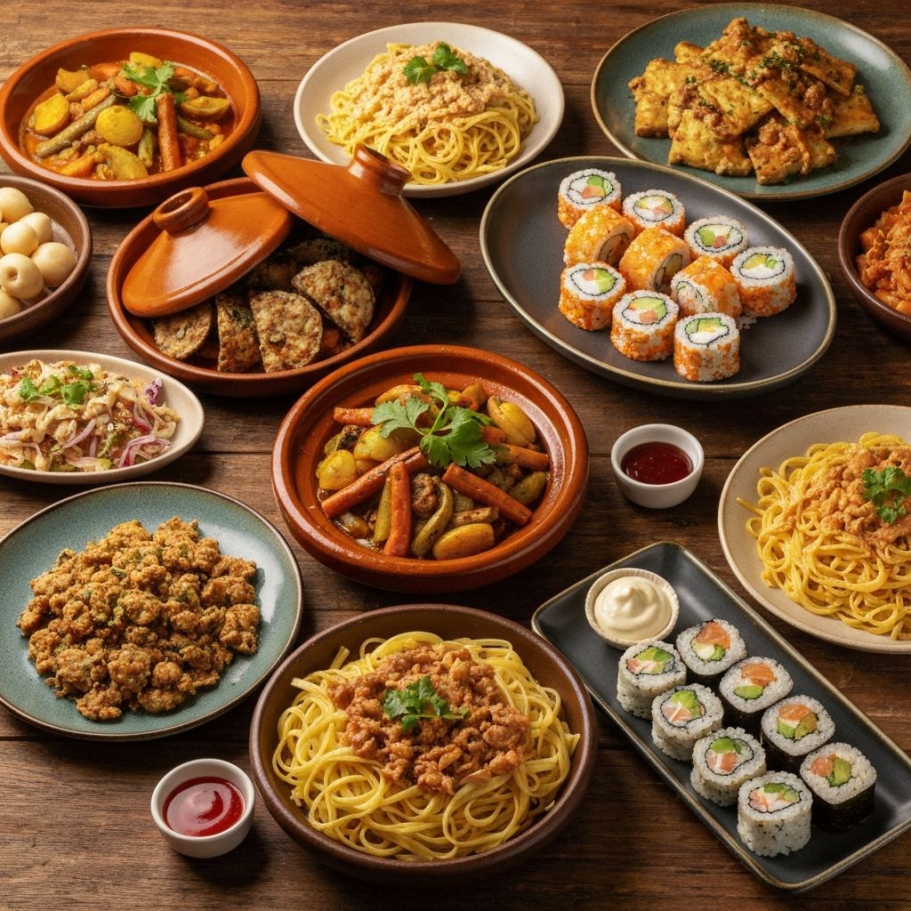 Traditional food dishes from different cuisines arranged on a table