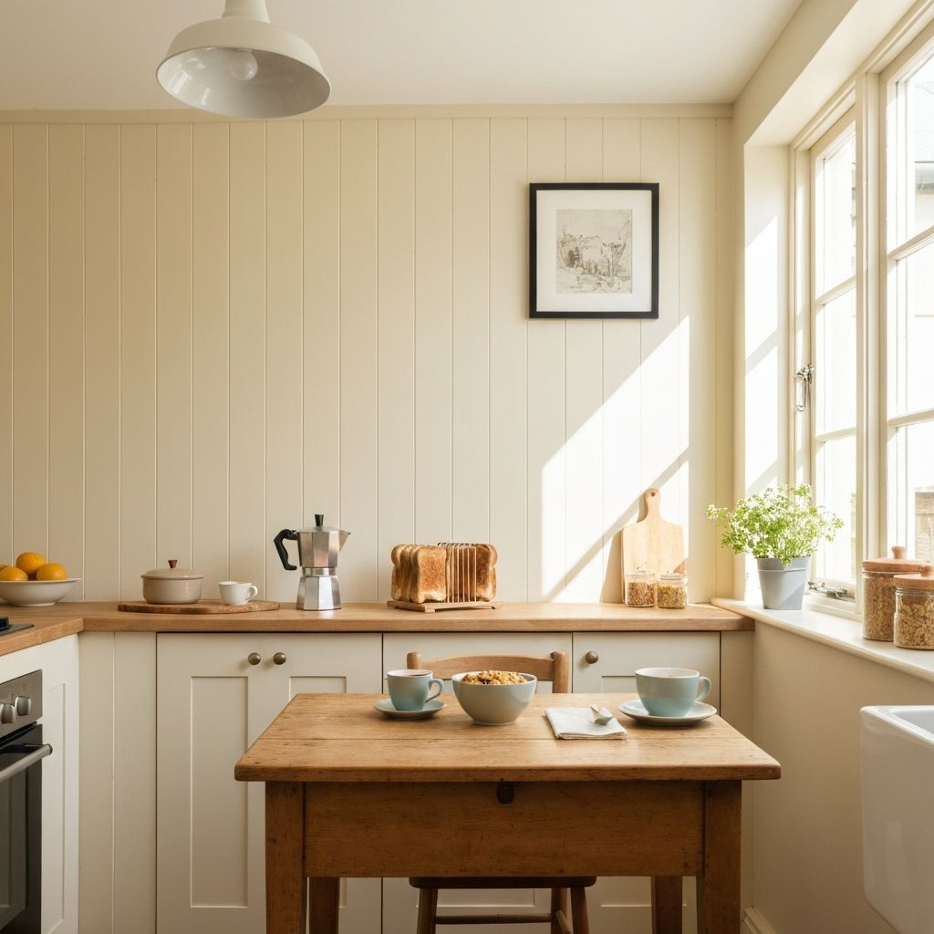 Clock on kitchen wall with breakfast items on the counter below